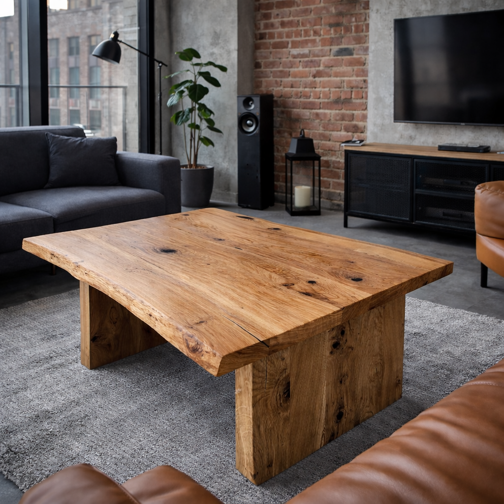 Τραπεζάκι σαλονιού από μασίφ παλαιωμένο ξύλο δρυ σε minimal rustic στυλ σε μοντέρνο σαλόνι