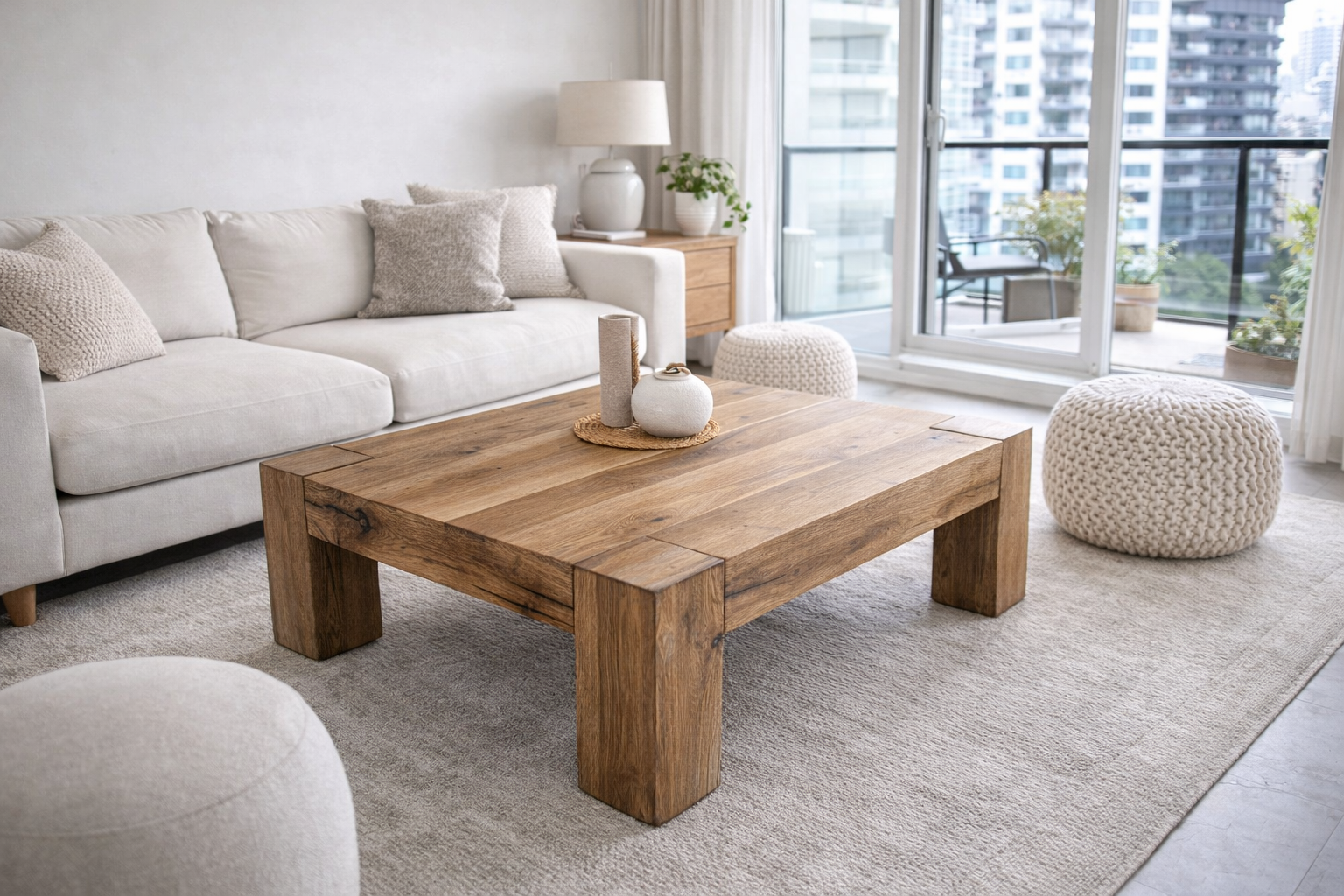 Τραπεζάκι σαλονιού από ιμημασίφ παλαιωμένο ξύλο δρυ σε minimal rustic στυλ σε μοντέρνο σαλόνι