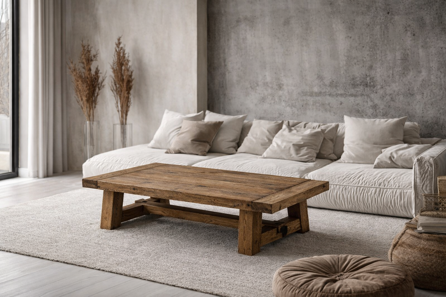 Rustic τραπεζάκι σαλονιού WATTAN από μασίφ ξύλο δρυς, τοποθετημένο σε μοντέρνο φυσικό καθιστικό με ουδέτερες αποχρώσεις